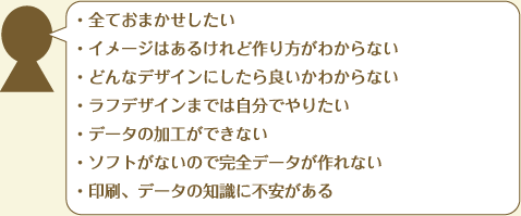 ・全ておまかせしたい・イメージはあるけれど作り方がわからない・どんなデザインにしたら良いかわからない・ラフデザインまでは自分でやりたい・データの加工ができない・ソフトがないので完全データが作れない・印刷、データの知識に不安がある