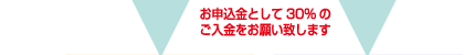 お申込金として30% のご入金をお願い致します