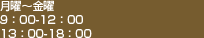 9:00-18:00（平日） 9:00-14:00（隔週土曜）